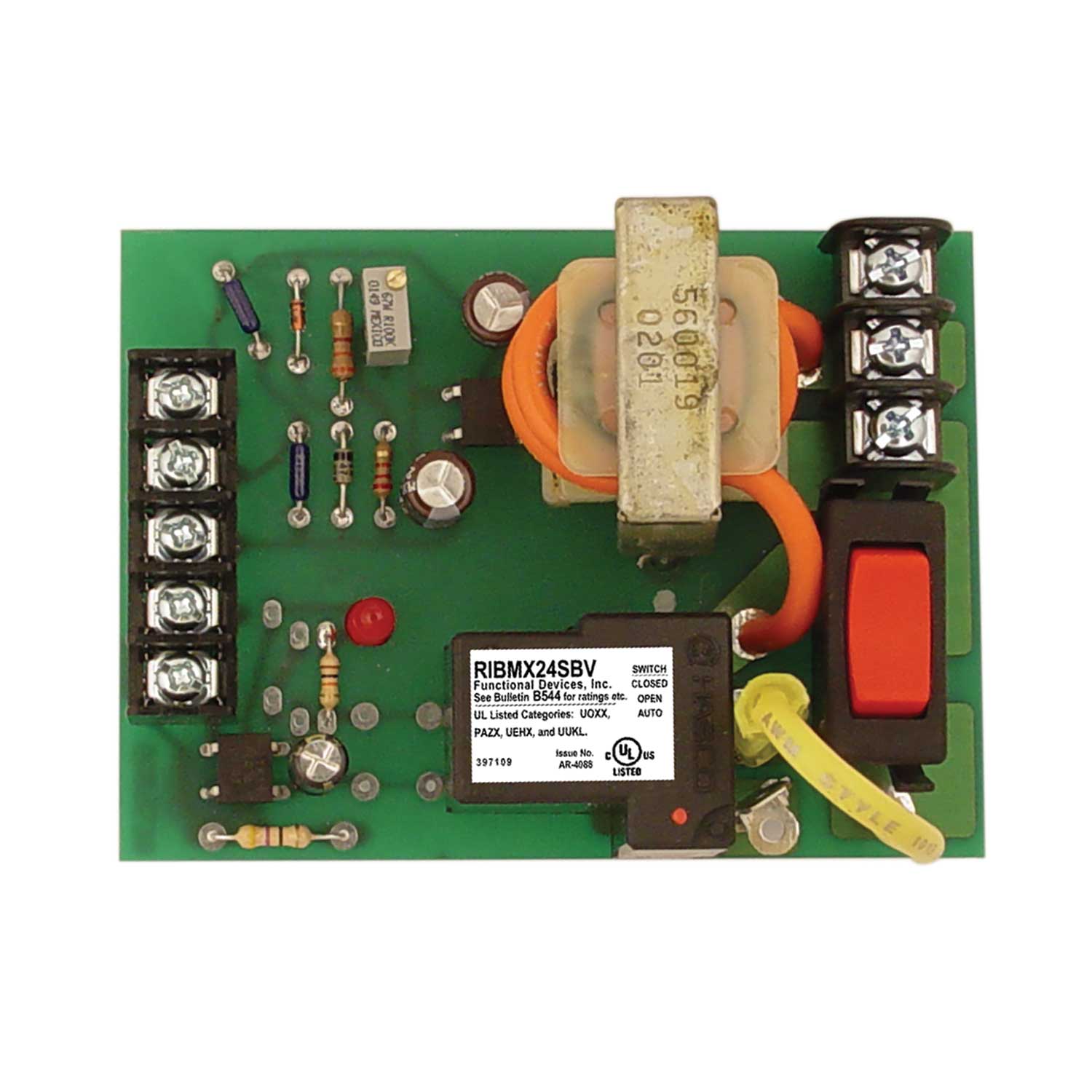 Functional Devices, RIBMX24SBV    | Panel 4in Internal Current Transducer + 20Amp SPST + Override 24Vac/dc  |   Functional Devices