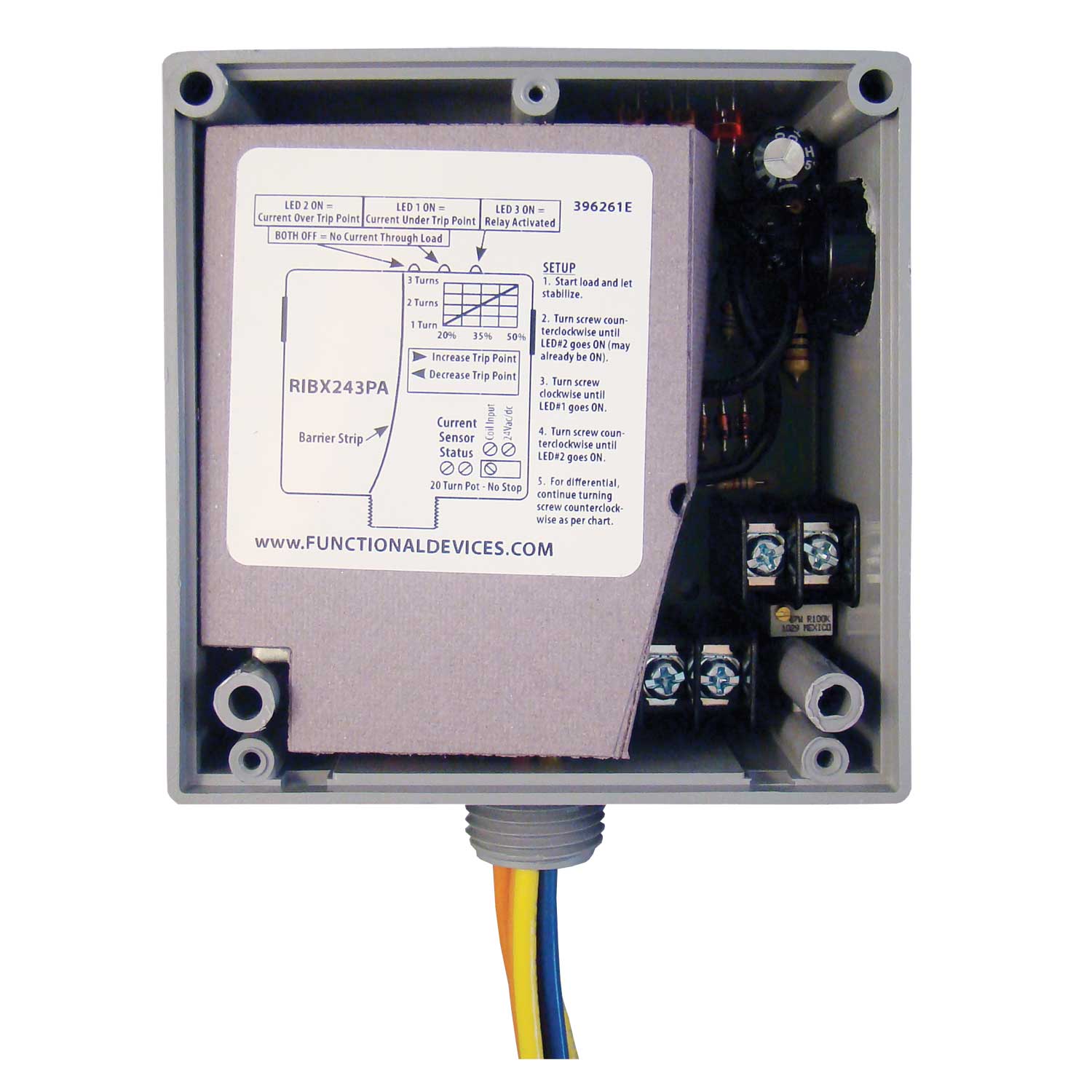 Functional Devices, RIBX243PA    | Enclosed Internal AC Sensor, Adjustable +20Amp 3PST 24Vac/dc Relay  |   Functional Devices