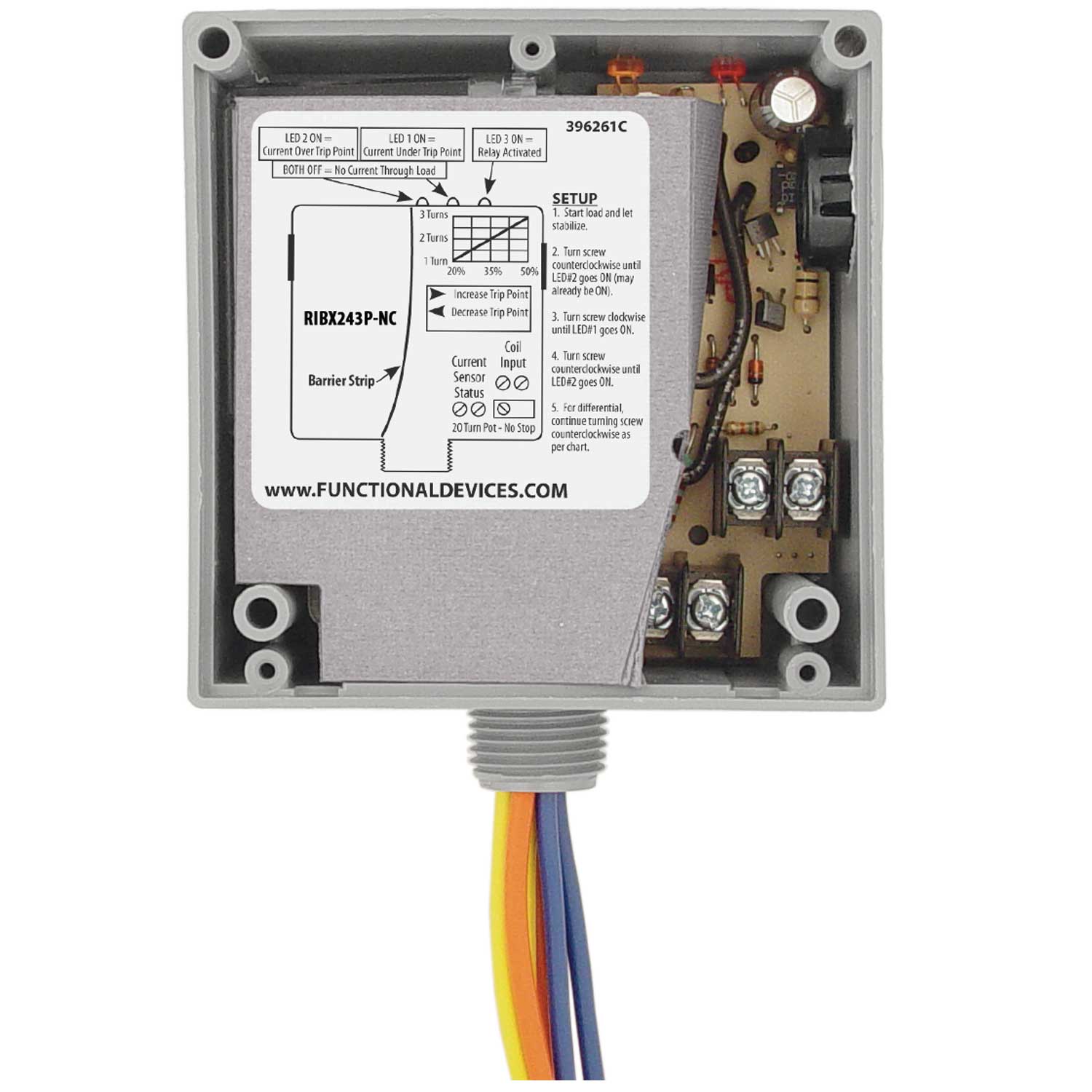 Functional Devices, RIBX243PA-NC    | Enclosed Internal AC Sensor, Adjustable + Relay 20Amp 3PST N/C 24Vac/dc  |   Functional Devices