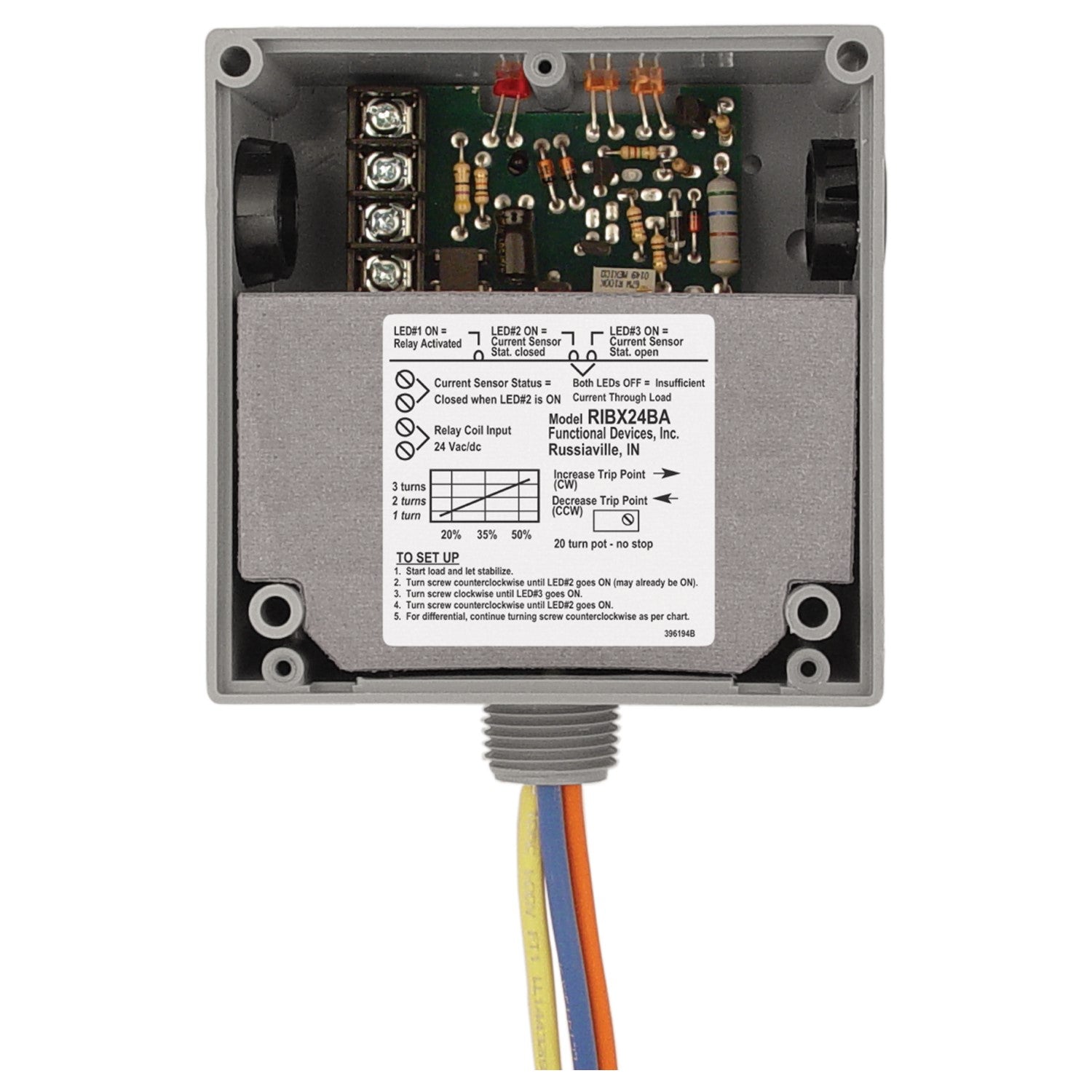 Functional Devices, RIBX24BA    | Enclosed Internal AC Sensor, Adjustable + Relay 20Amp SPDT 24Vac/dc  |   Functional Devices