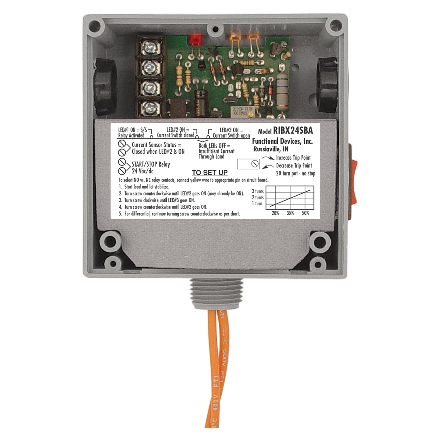 Functional Devices, RIBX24SBA    | Enclosed Internal AC Sensor, Adjustable + Relay 20Amp SPST + Override 24Vac/dc  |   Functional Devices