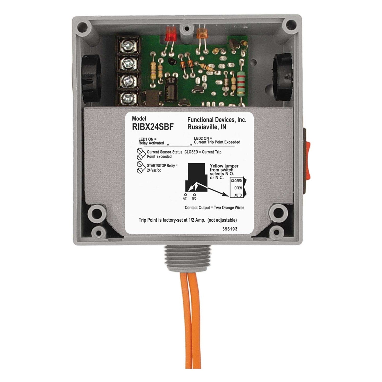 Functional Devices, RIBX24SBF    | Enclosed Internal AC Sensor, Fixed, + Relay 20Amp SPST + Override 24Vac/dc  |   Functional Devices