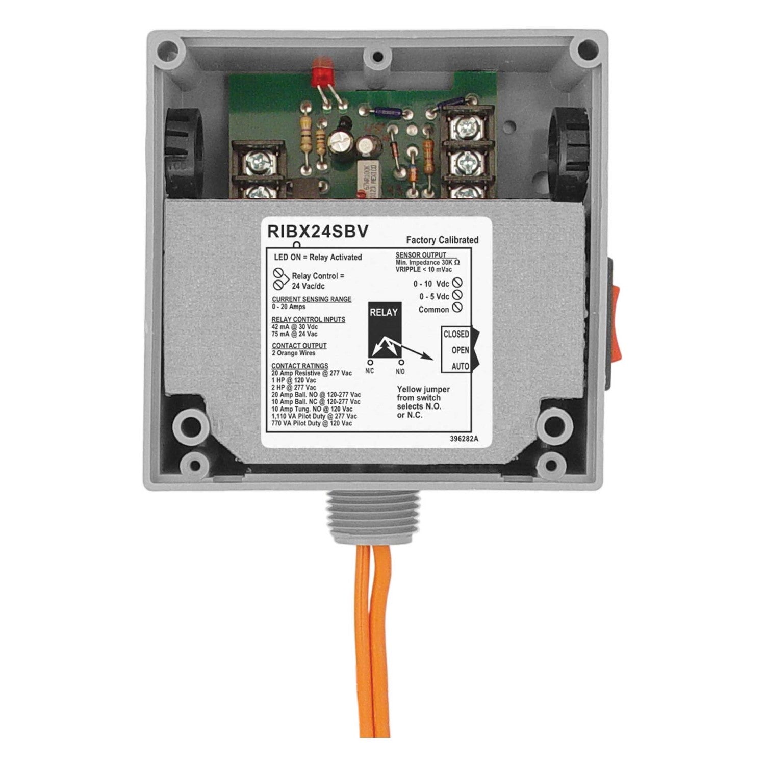 Functional Devices, RIBX24SBV    | Enclosed Internal AC Sensor, Analog, + Relay 20Amp SPST + Override 24Vac/dc  |   Functional Devices