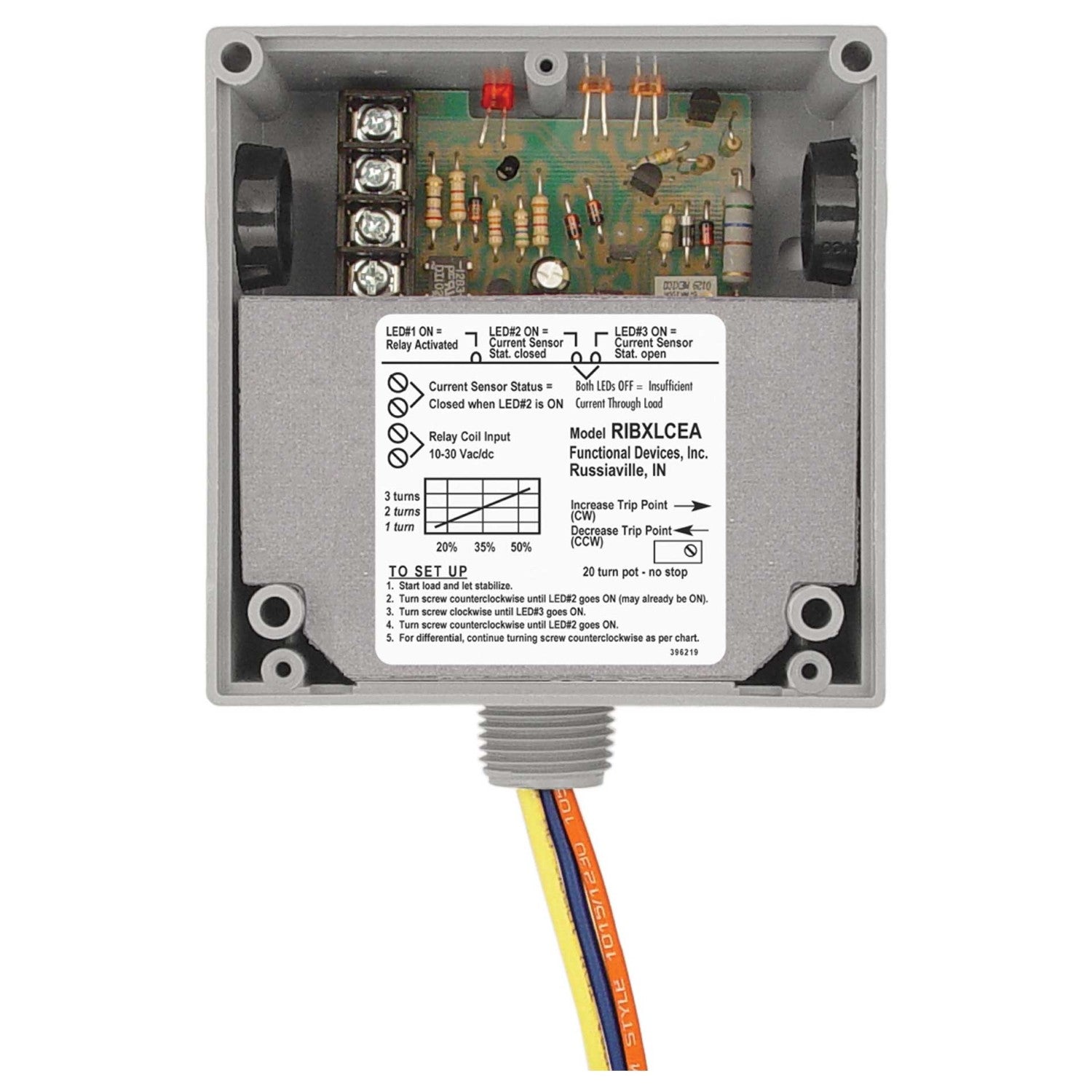 Functional Devices, RIBXLCEA    | Enclosed Internal Low AC Sensor, Adjustable +10Amp SPDT 10-30Vac/dc Relay  |   Functional Devices