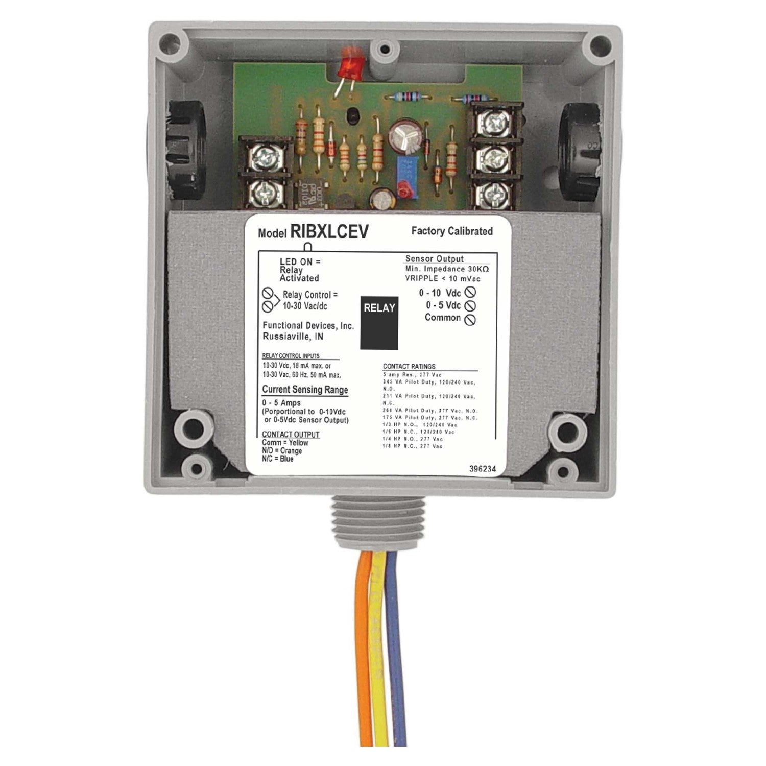 Functional Devices, RIBXLCEV    | Enclosed Internal Low AC Sensor, AnalogOut, +10Amp SPDT 10-30Vac/dc Relay  |   Functional Devices