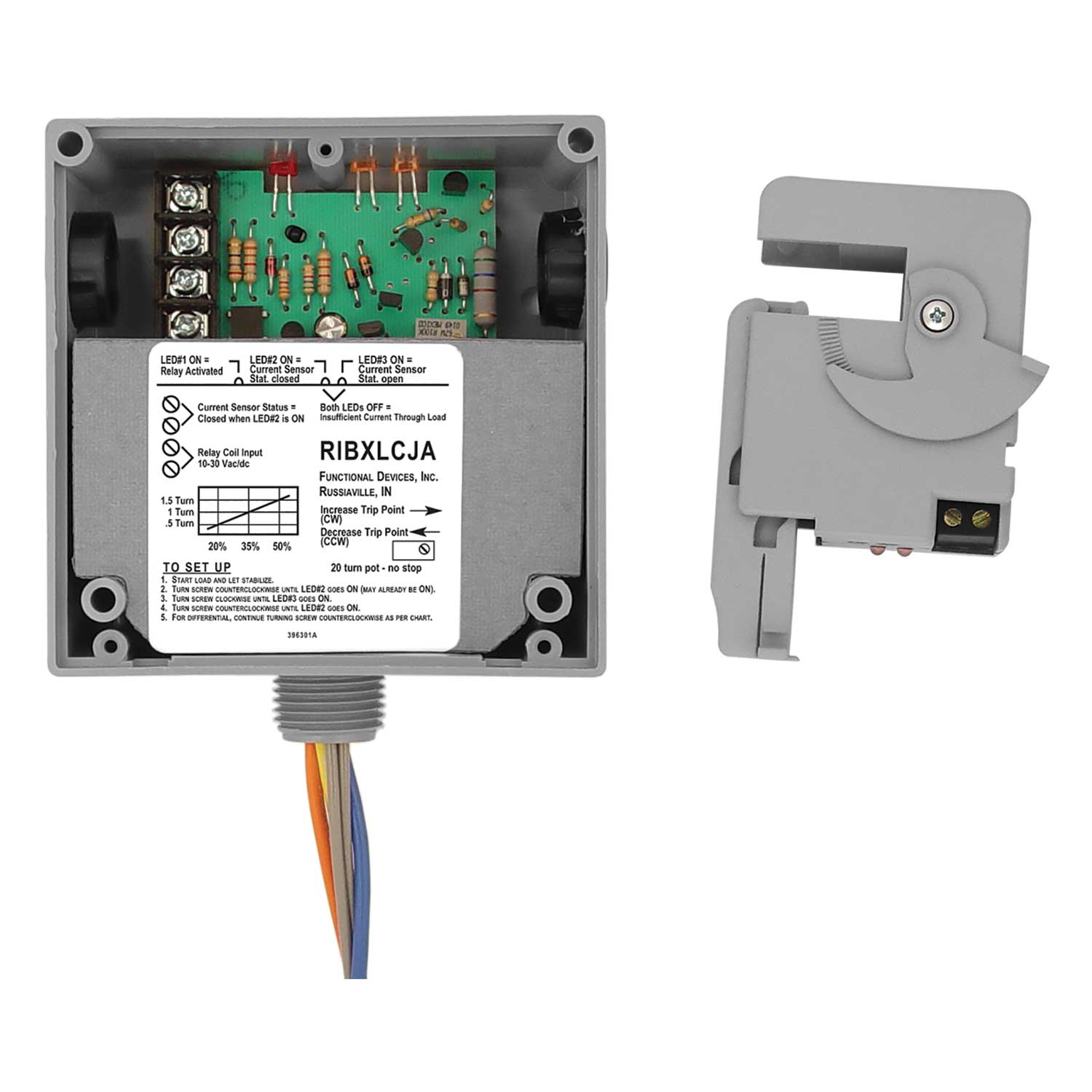 Functional Devices, RIBXLCJA    | Enclosed Split-Core AC Sensor Adjustable +10Amp SPST 10-30Vac/dc Relay Override  |   Functional Devices