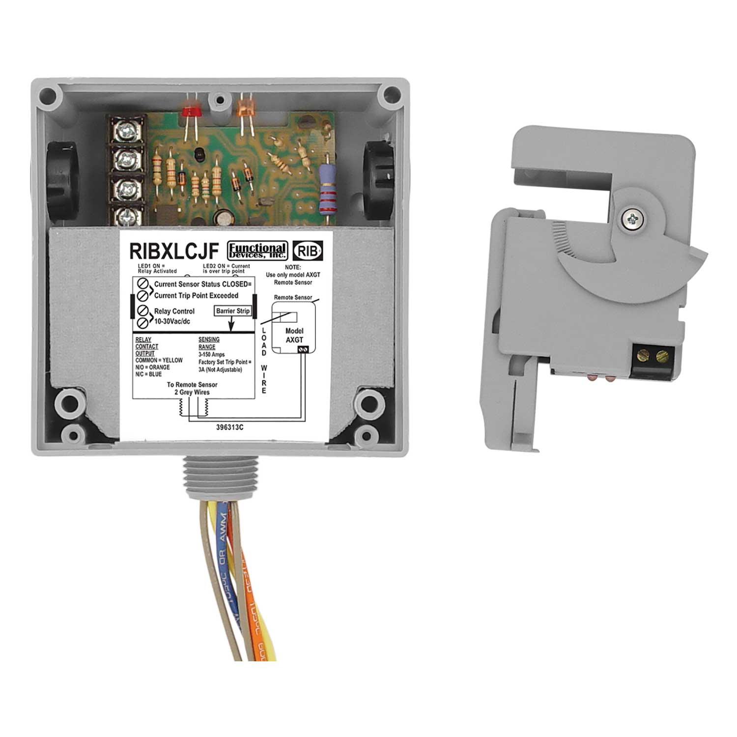 Functional Devices, RIBXLCJF    | Enclosed Split-Core AC Sensor Fixed +10Amp SPST 10-30Vac/dc Relay  |   Functional Devices