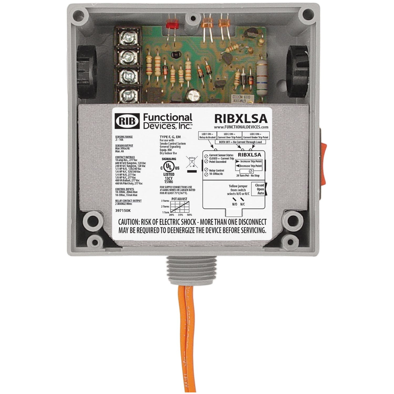 Functional Devices, RIBXLSA    | Enclosed Internal AC Sensor Adjustable +10Amp SPST 10-30Vac/dc Relay + Override  |   Functional Devices