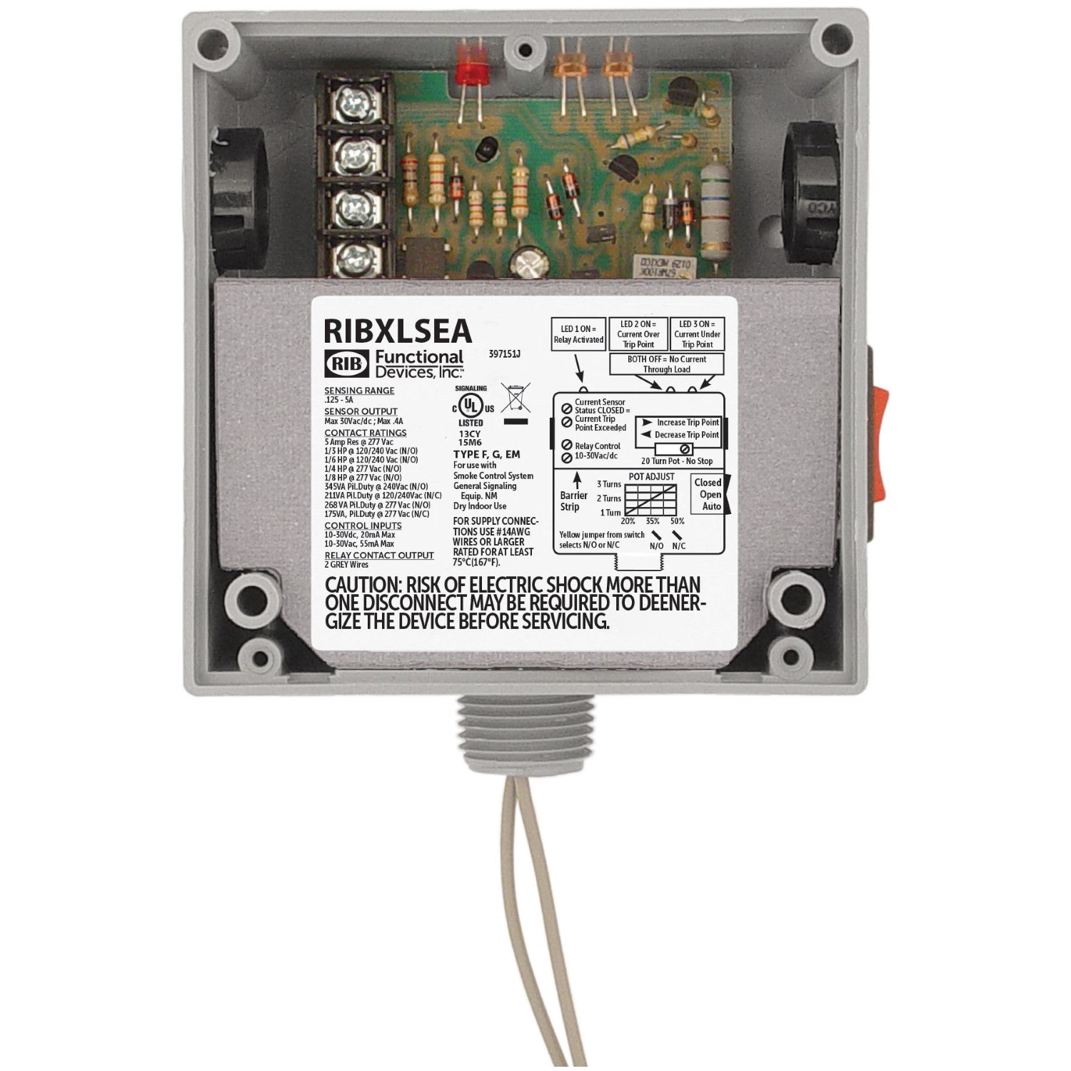 Functional Devices, RIBXLSEA    | Enclosed Internal Low AC Sensor Adjustable+10Amp SPST 10-30Vac/dc Relay,Override  |   Functional Devices