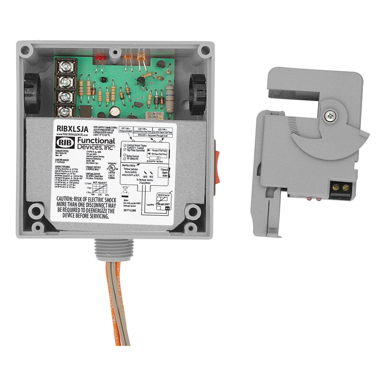 Functional Devices, RIBXLSJA    | Enclosed Split-Core AC Sensor Adjustable +10Amp SPST 10-30Vac/dc Relay Override  |   Functional Devices