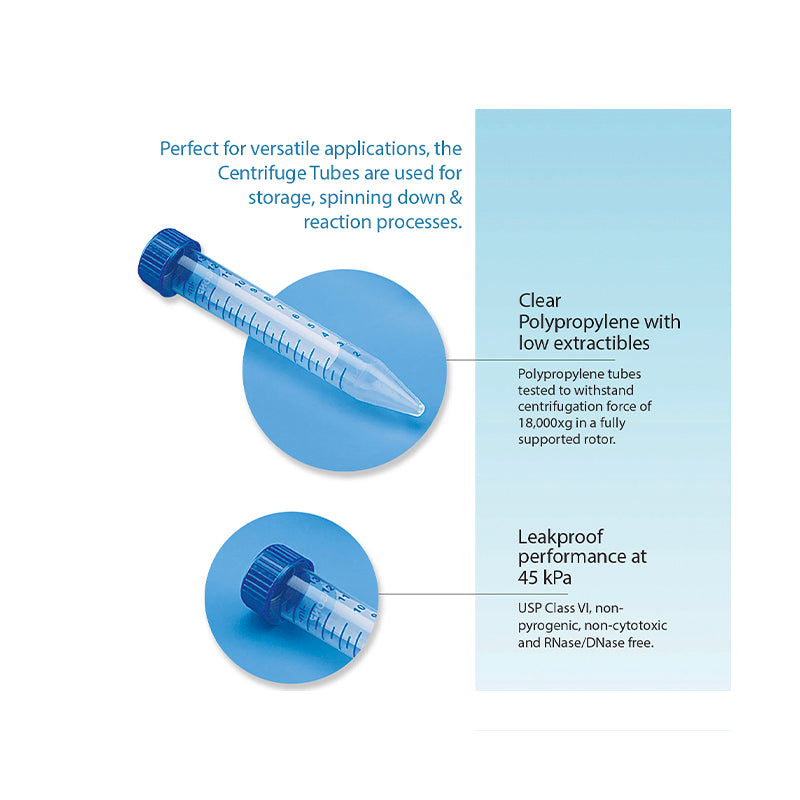 Tarsons, Tarsons 50 mL SPINWIN Self-Standing Polypropylene Centrifuge Tubes with Lids - Box of 500